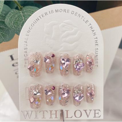 A109      New internet-famous design with shiny diamond-studded hearts and stars, premium brightening press-on nails.