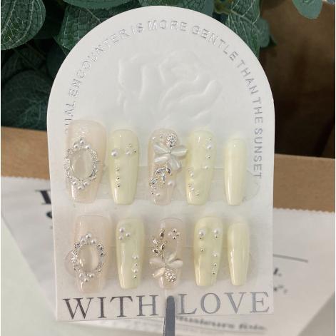 A136 New trendy high-end French-style nails with elegant rhinestones, handcrafted for sophistication.