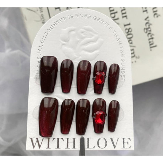 A228 Cat-eye with ruby, dark night red, pure handmade press on nails