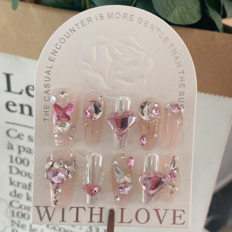 A116   New high-end fairy style nail with diamond and pearl heart handmade press on nails