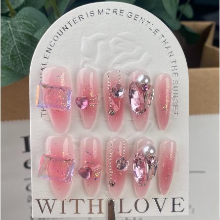 A106   New light pink nail with diamond heart and flowers, luxury bridal style that makes skin look whiter, pure handmade press on nails