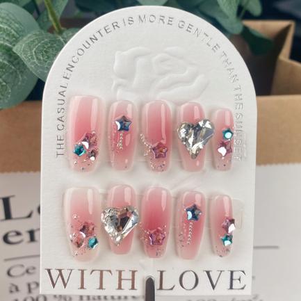 A104    New high-quality light pink star and heart with diamond, fairytale style that makes skin look whiter, luxury handmade press on nails