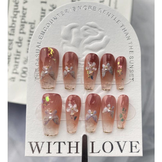 A248 "The new Chinese-style nail art with small pearl butterflies in pink, pure hand-made press on nails."