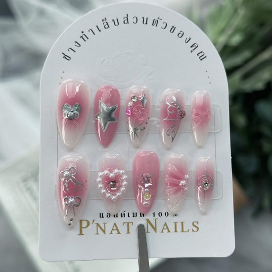 A291 The new pink Y2K almond-shaped nails with small diamond decorations, creating a brightening effect, all handmade press on nails