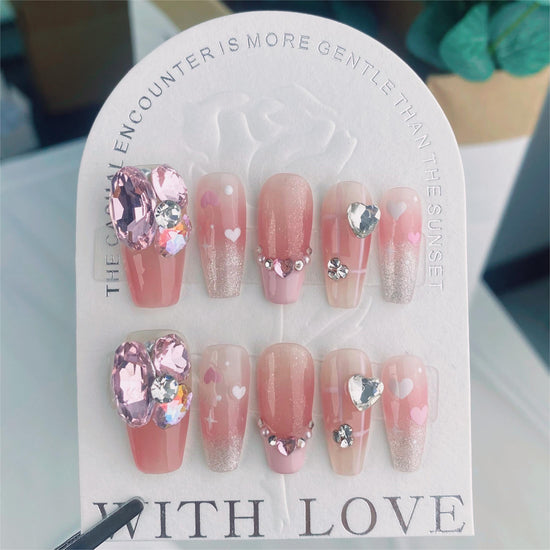 A038   Aurora Soft Pink High-End Rhinestone Heart Hand-Painted Whitening Medium Coffin Handmade Press-On Nails