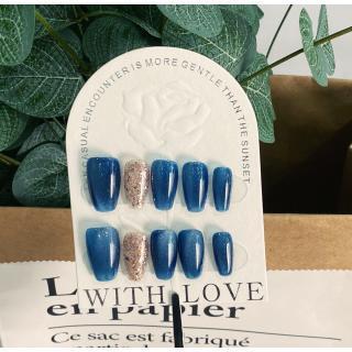 A128"New cat-eye blue nails that enhance complexion and elegance, entirely handmade press-on nails."