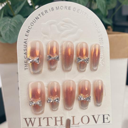 A075  Stand out with hand-painted aurora cat-eye butterflies and gem nail stickers, perfect for that social media glam.