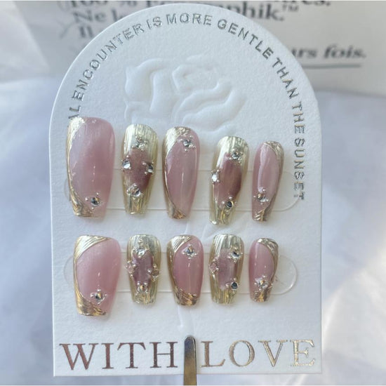 A198  New model French high sense, with diamonds, light purple, pure handcrafted nail art.