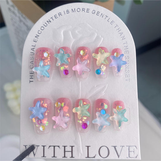 A013  2024 New Cute Colorful Star Rhinestone Candy Color Short Coffin Removable Press-On Nails