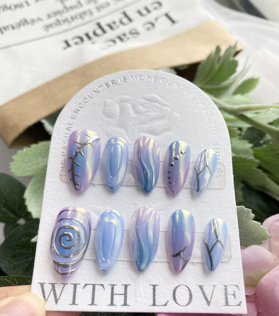 A317-New blue mermaid type handmade press on nails short almond